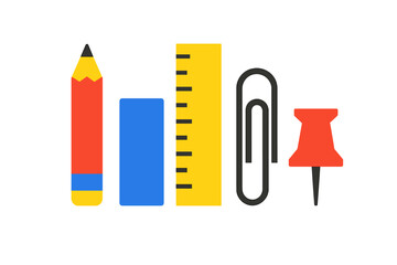 Group of basic school and office supplies in bright primary colors and flat graphic style