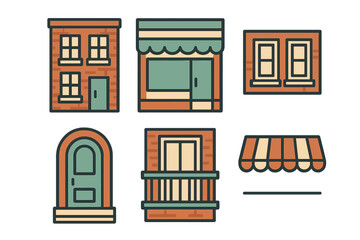 Stylized urban building elements set including facade storefront windows and balcony