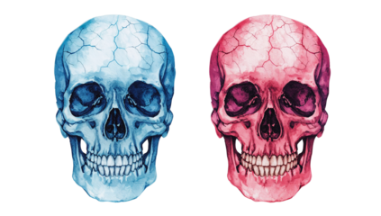 Artistic watercolor skulls with cracked texture, blue and pink skeletons on black background,