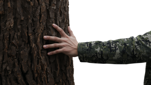 Camouflaged soldier connects with nature through the tactile experience of a tree trunk