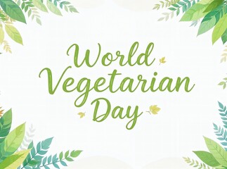 Green leafy design surrounds 'World Vegetarian Day' text on a white background, promoting vegetarian lifestyle and awareness.
