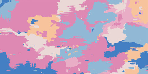 A vibrant abstract background featuring a playful splatter pattern in shades of pink, blue, orange, and white. This energetic design evokes creativity