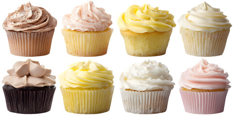 Eight cupcakes with frosting flavors on transparent png background