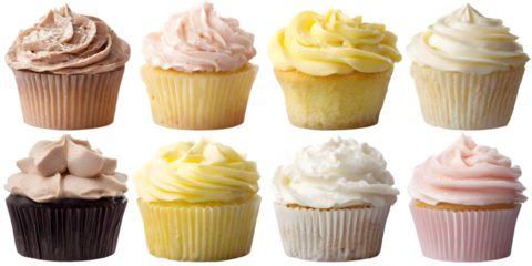Eight cupcakes with frosting flavors on transparent png background