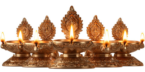 Golden diya lamps with flames on transparent png background
