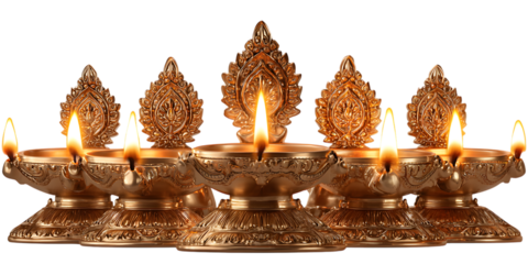 Golden diya lamps with flames on transparent png background