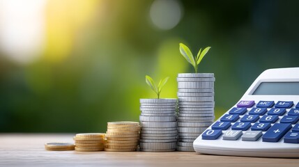 Financial tools calcula devices and coin stack money management depicted with calcula and currency
