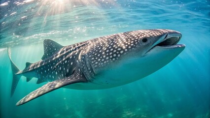 Fototapeta premium Medium Shot of Whale Shark Swimming Gracefully Near Ocean Surface Under Bright Daylight