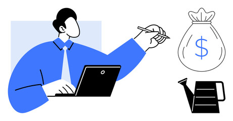 Businessperson working on a laptop, holding a pen, focusing on a money bag symbolizing wealth and a watering can for nurturing. Ideal for growth, planning, success, strategy, investment