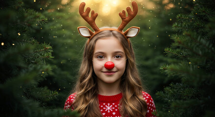 Cute girl in a red sweater wearing reindeer antlers and a red nose, celebrating the festive Christmas holiday season.