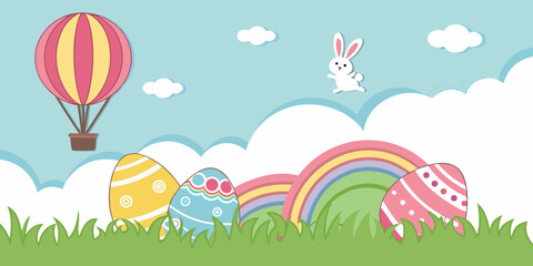 Horizontal banner featuring layered paper-cut clouds, bunnies, Easter eggs, and a bright spring dark sky background. 