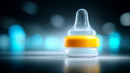 Baby bottle with yellow lid sits on dark background plastic baby bottle for feeding infants is shown