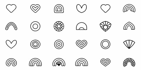 Trendy minimalist icons of hearts, rainbows, circles for modern designs, vector style symbols of love, unity, and simplicity perfect for branding and creative projects