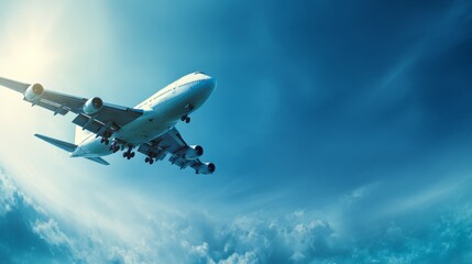 Fototapeta premium Commercial airplane flying across clear blue sky with copy space, modern aviation banner background for airline, travel, transportation, tourism, business trip and global journey concepts