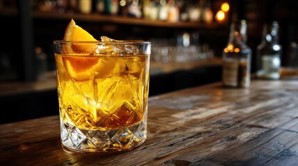 Whiskey cocktail with orange twist on bar