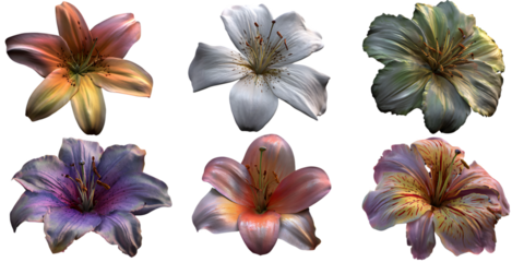 Six colorful lilies arrangement on transparent png background