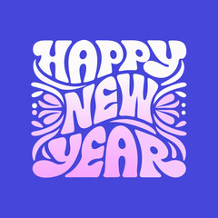 Retro groovy happy new year lettering with pink and white gradient on blue background text greeting