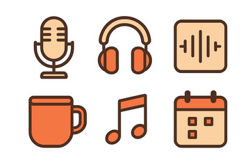 Six essential line icons for podcasting, music, scheduling, and coffee breaks