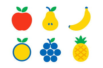 Colorful simple geometric fruit symbols collection: apple, pear, banana, grapes, pineapple