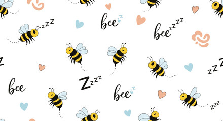 Adorable bees are sleeping peacefully among soft hearts and abstract shapes.