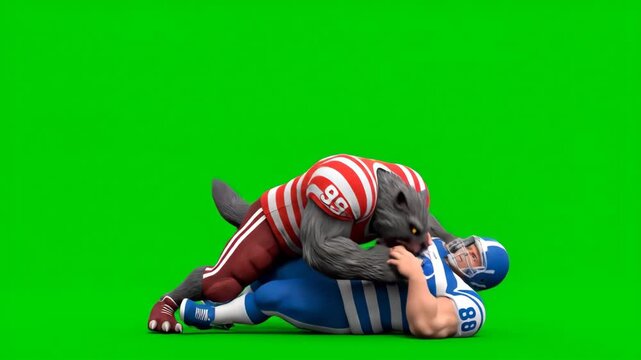 Cartoon Werewolf Tackling Football Player - A cartoon werewolf in a red and white football jersey tackles a football player in a blue uniform. The background is a bright green chroma key.