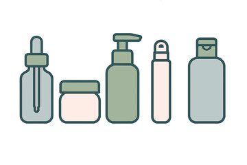 Minimalist set of cosmetic packaging containers dropper bottle cream jar pump dispenser