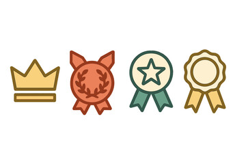 Minimalist achievement symbols set featuring crown, rosettes, and quality award badges
