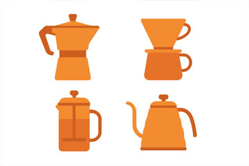 Essential coffee brewing equipment icons including Moka pot, French press, and pour over kettle
