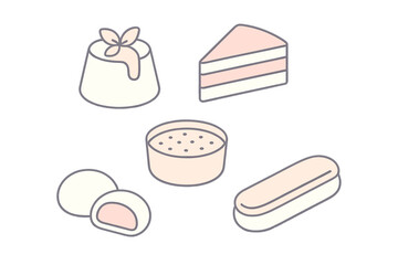 Isometric collection of sweet desserts including cake slice, mochi, eclair, and panna cotta
