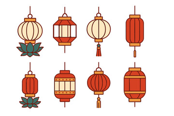 Traditional Chinese and Japanese hanging lanterns set for Asian festivals