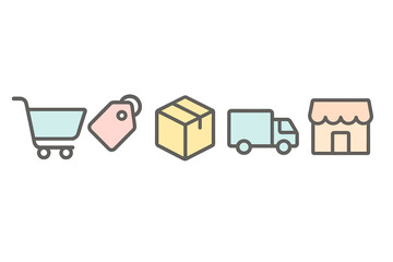 Colorful set of e-commerce and logistics symbols: shopping cart, delivery truck, and retail store