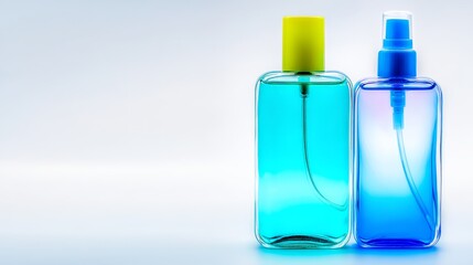 Two bottles of blue and green liquid are shown pair of bottles contains brightly colored blue and green liquids