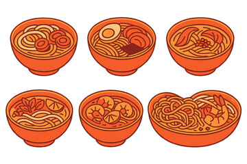 Collection of Asian noodle soup bowls including ramen, pho, and udon