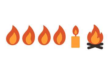 Set of flat design icons depicting various forms of fire, flame, heat, and candlelight