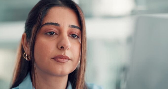 Creative, thinking and woman with laptop, office and proofreading draft for publication and article. Journalist, reflection and person with tech for story, editing and planning for news on website