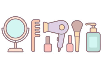 Pastel colored set of essential beauty and personal care accessories like mirror comb and hairdryer