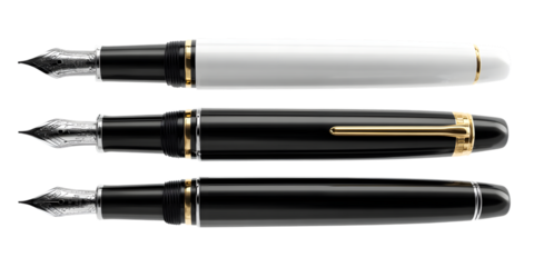 Three fountain pens aligned on transparent png background