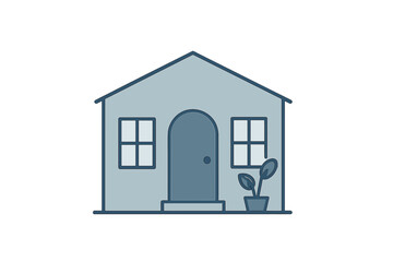 Minimalist front view of a small residential house with an arched doorway, square windows, and a potted plant