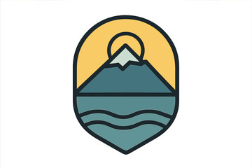 Minimalist geometric outdoor emblem with mountain peak water and rising sun in a shield