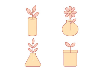 Minimalist set of four potted plants and flowers in various vases and containers for home decoration