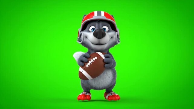Cartoon Wolf with Football on Green Screen - A cartoon wolf character wearing a football helmet and cleats stands holding a football against a green screen background.