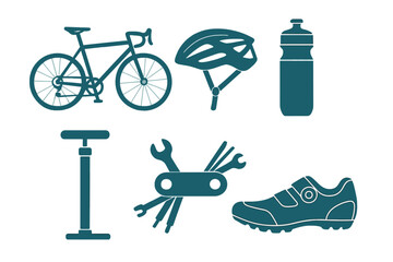 Essential cycling equipment set including a bicycle, helmet, pump, multi-tool, shoe, and water bottle