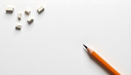 An eraser poised to pick up a pencil sharpener from a clean desk surface, creating a metaphor for creativity in a state of potential pause or completion.