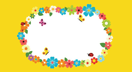 A vibrant oval frame adorned with colorful flowers ladybugs and butterflies against a bright yellow background.