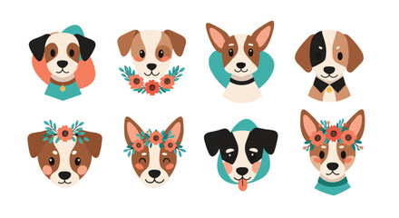 Fototapeta premium Adorable dog portraits with floral accents for a charming aesthetic.