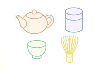 Traditional Japanese matcha tea ceremony tools including teapot, bowl, and whisk