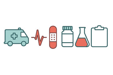 Essential medical and healthcare symbols including ambulance, heartbeat, bandage, and lab equipment