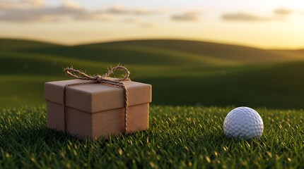 sport Father's Day gift box and golf ball on the field. Suitable for fathers Day gift advertisement or promotion.