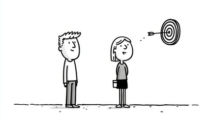 Cartoon shows two people observing dart in playful scene two figures in animated style focus on dartboard target