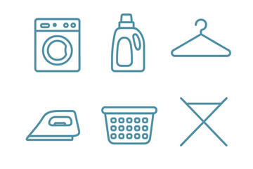 Household laundry symbols showing washing machine detergent iron and drying rack